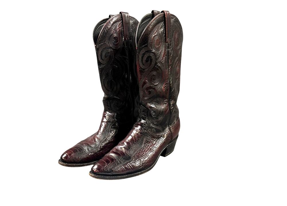 Vintage 90s Dan Post Ostrich Leg Cowboy Boots Mens 10.5 D Vintage Black Cherry